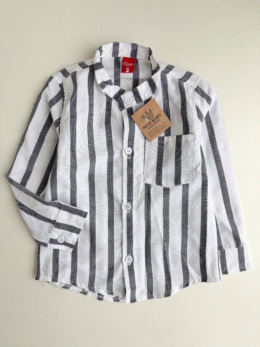 Camisa rayada gris cuello mao