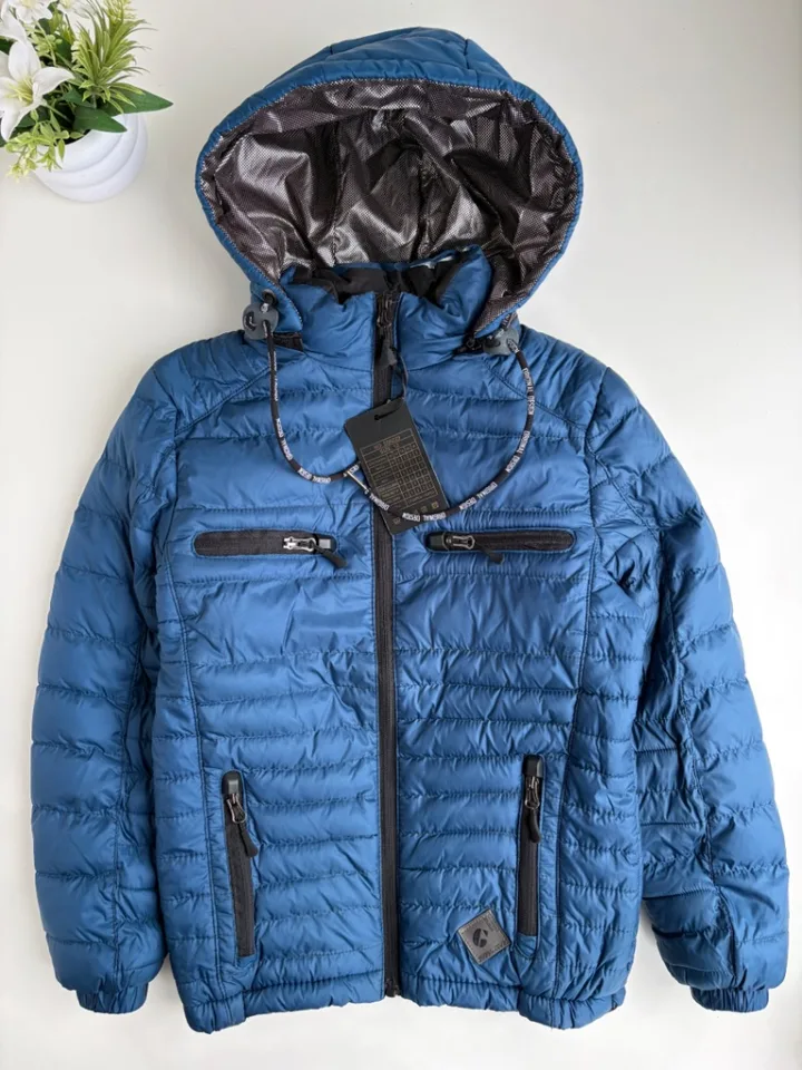 Campera inflable azul capucha termica
