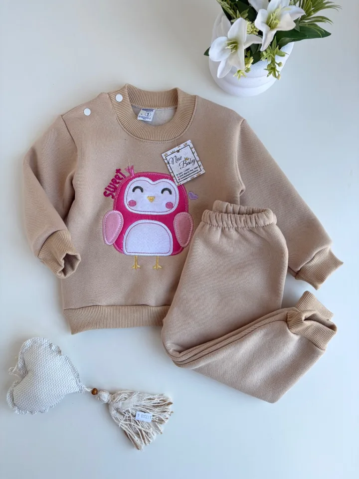 Conjunto beige de algodón buhos