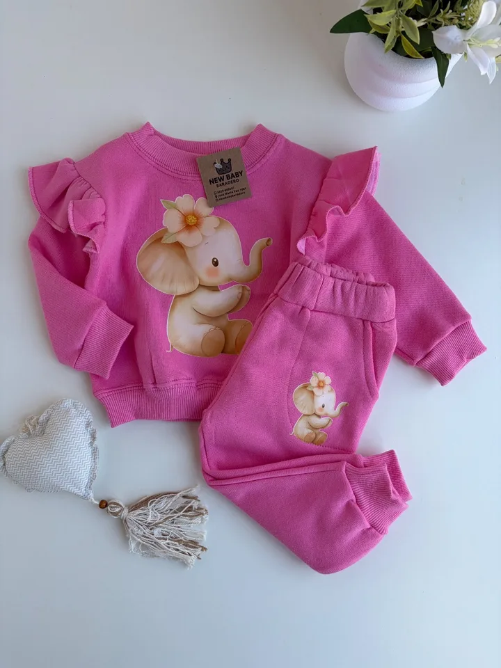 Conjunto fucsia de algodón elefantes